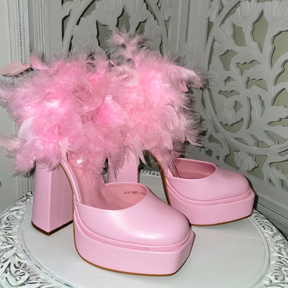 Custom Order "TINA" Pink Feather Crystal Platform Heels